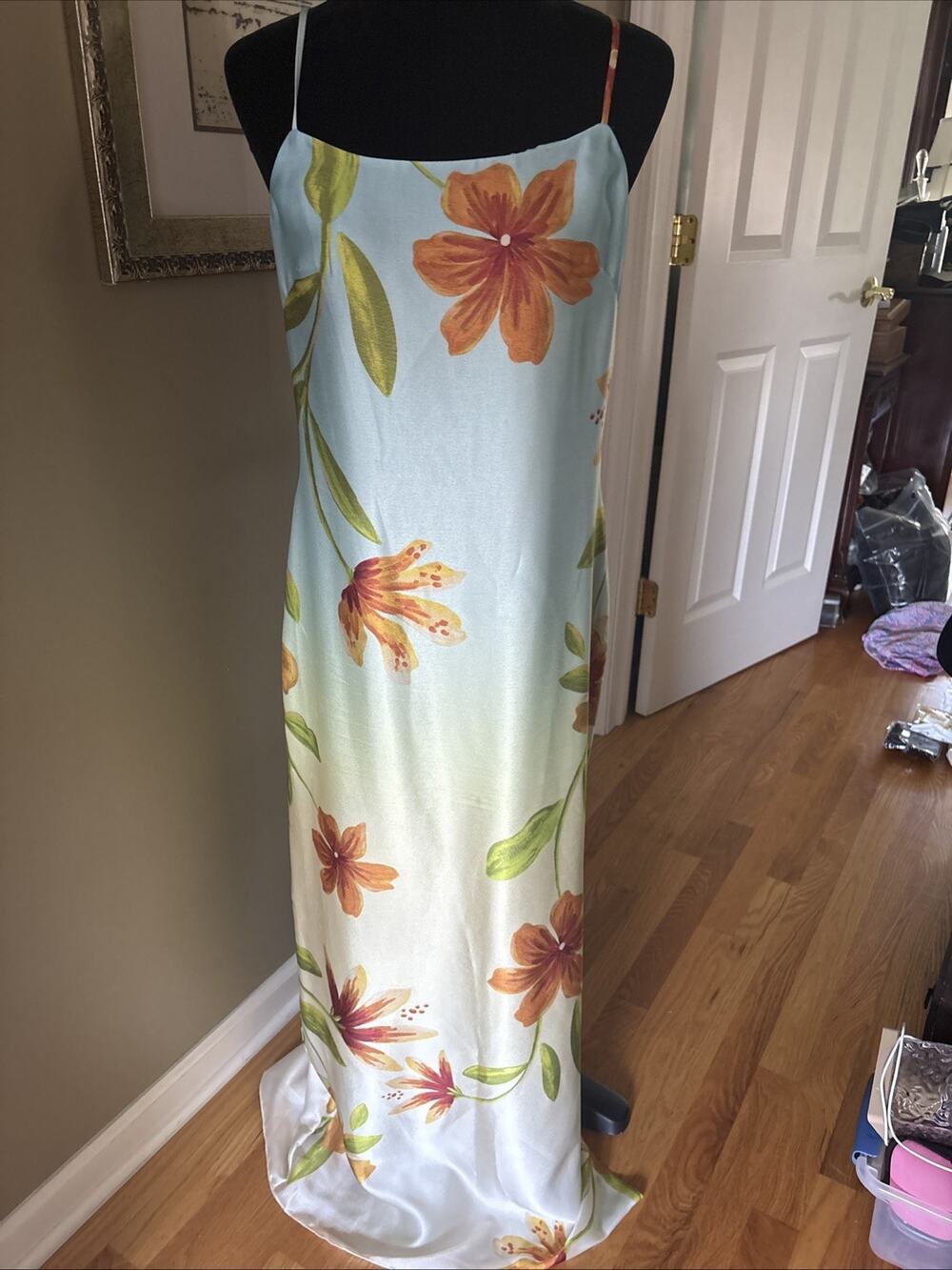 MILLY Women Maxi Dress Size 6 blue green spaghetti strap lined side slit New